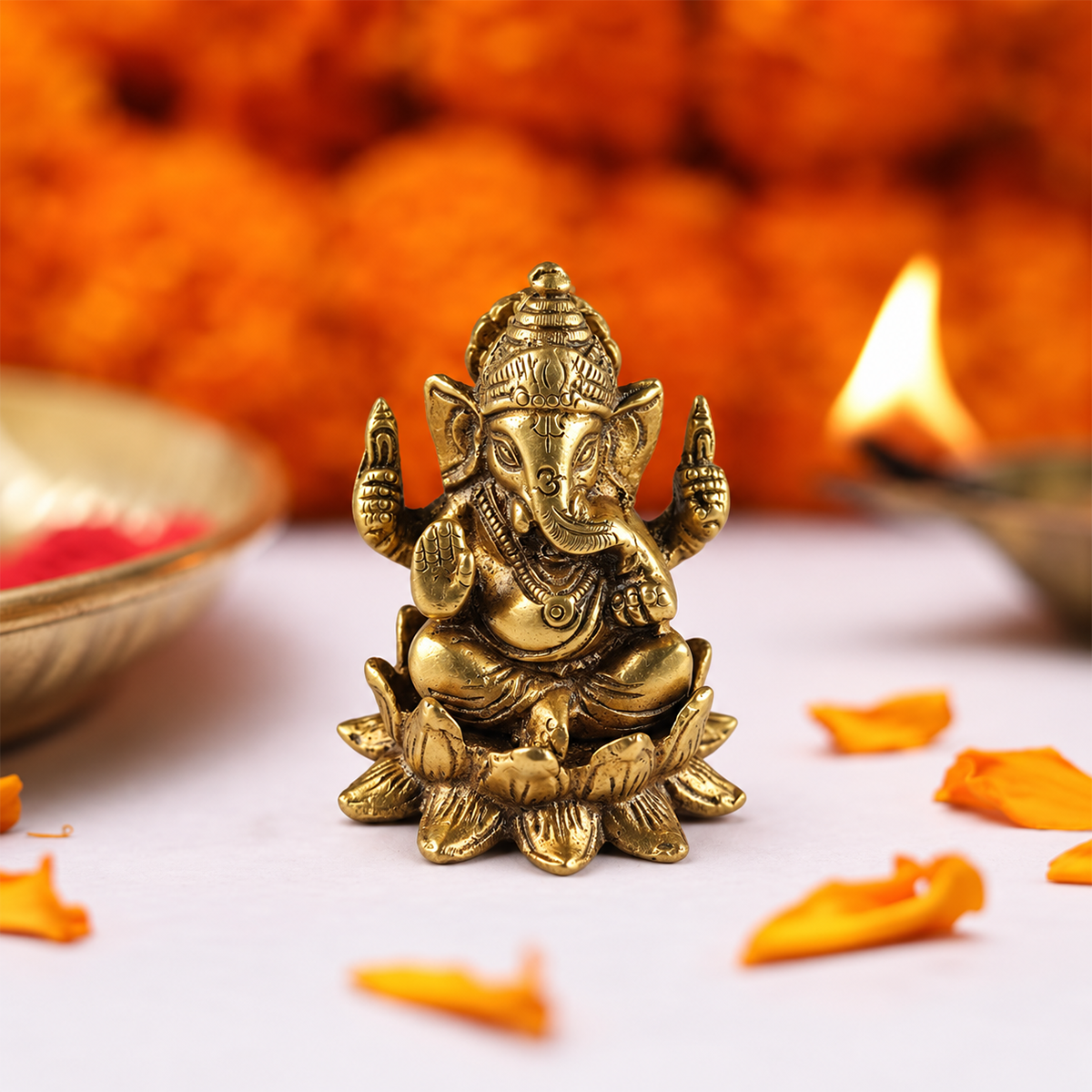 Brass Ganesh Idol on Lotus