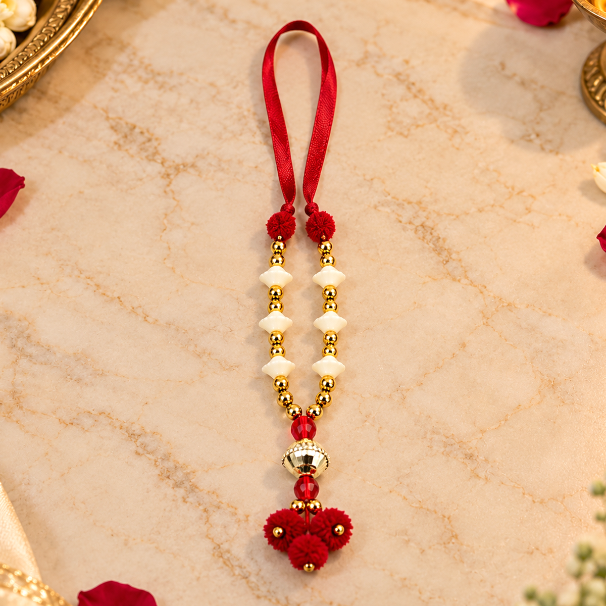 White Kanthi Mala with Red Pom Pom