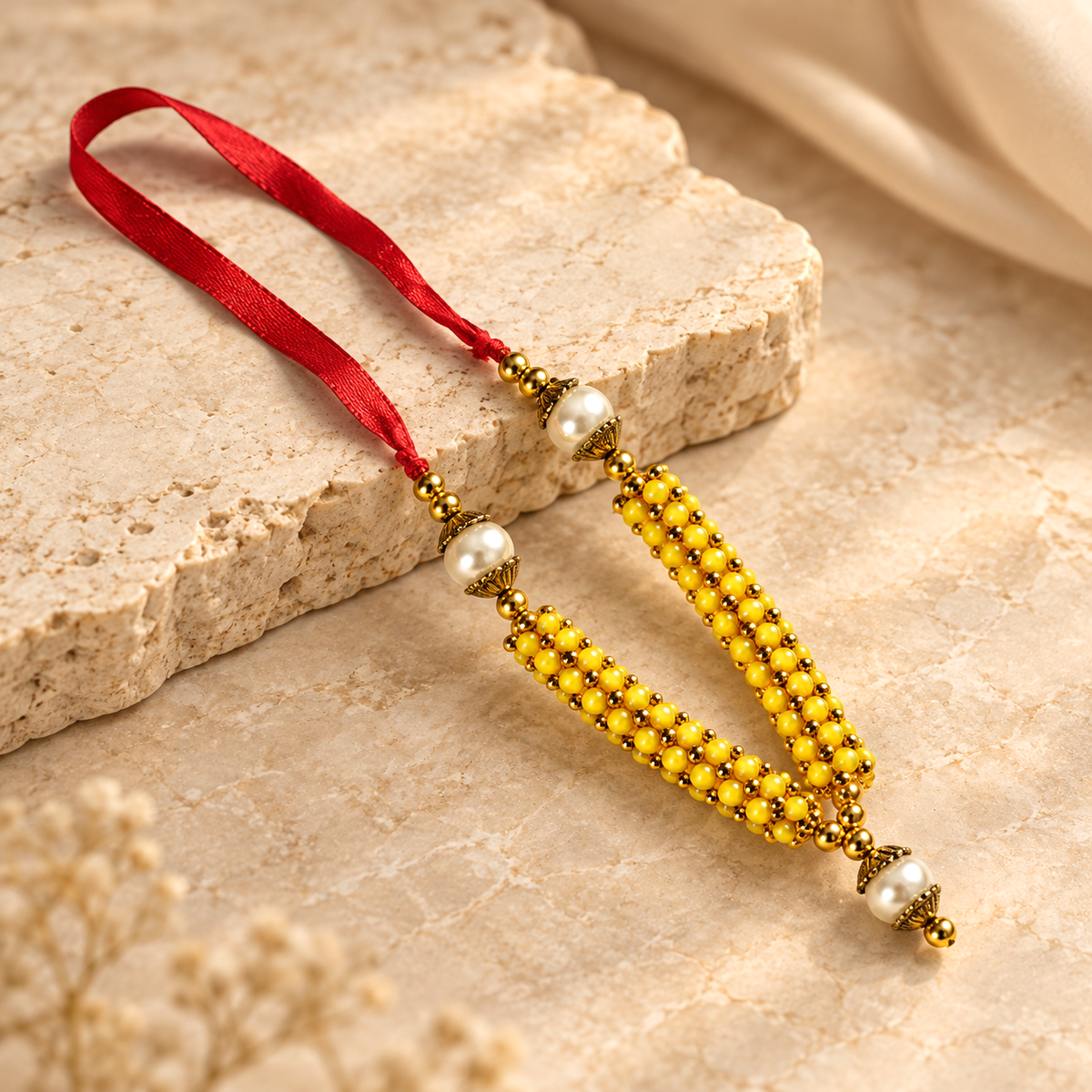 Yellow Moti Mala with Pearl Drop