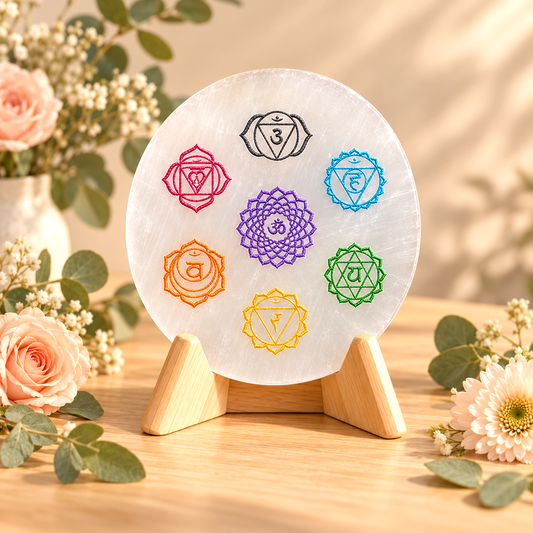 7 Chakra Symbol Selenite Plate