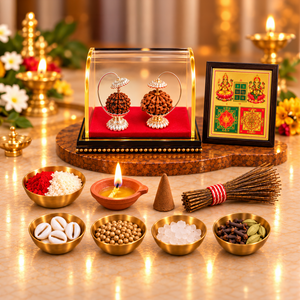 Pure Silver Chhatra Ganesh Lakshmi Rudraksh with 6 Sacred Pooja Items