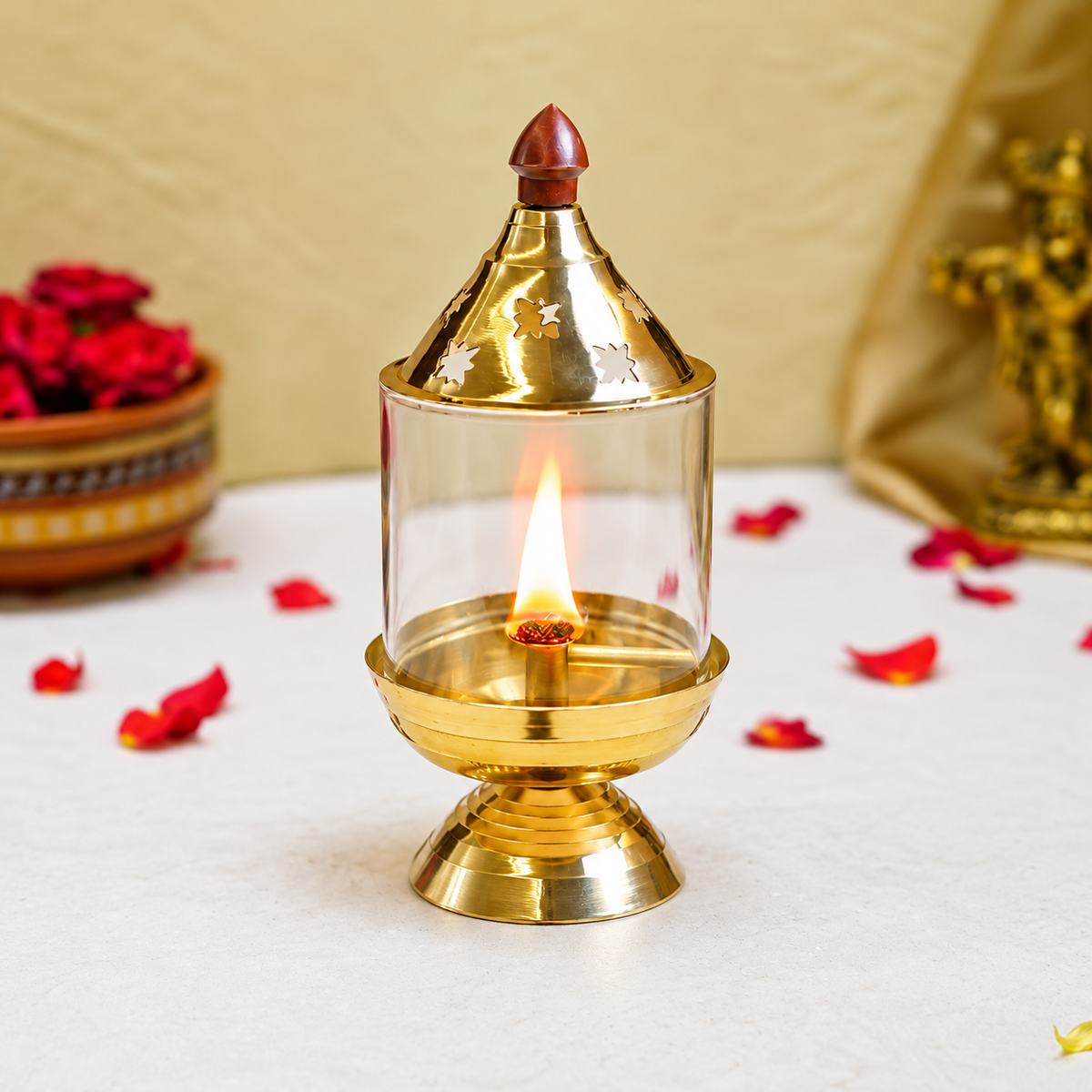Brass Akhand Diya with Glass Cover