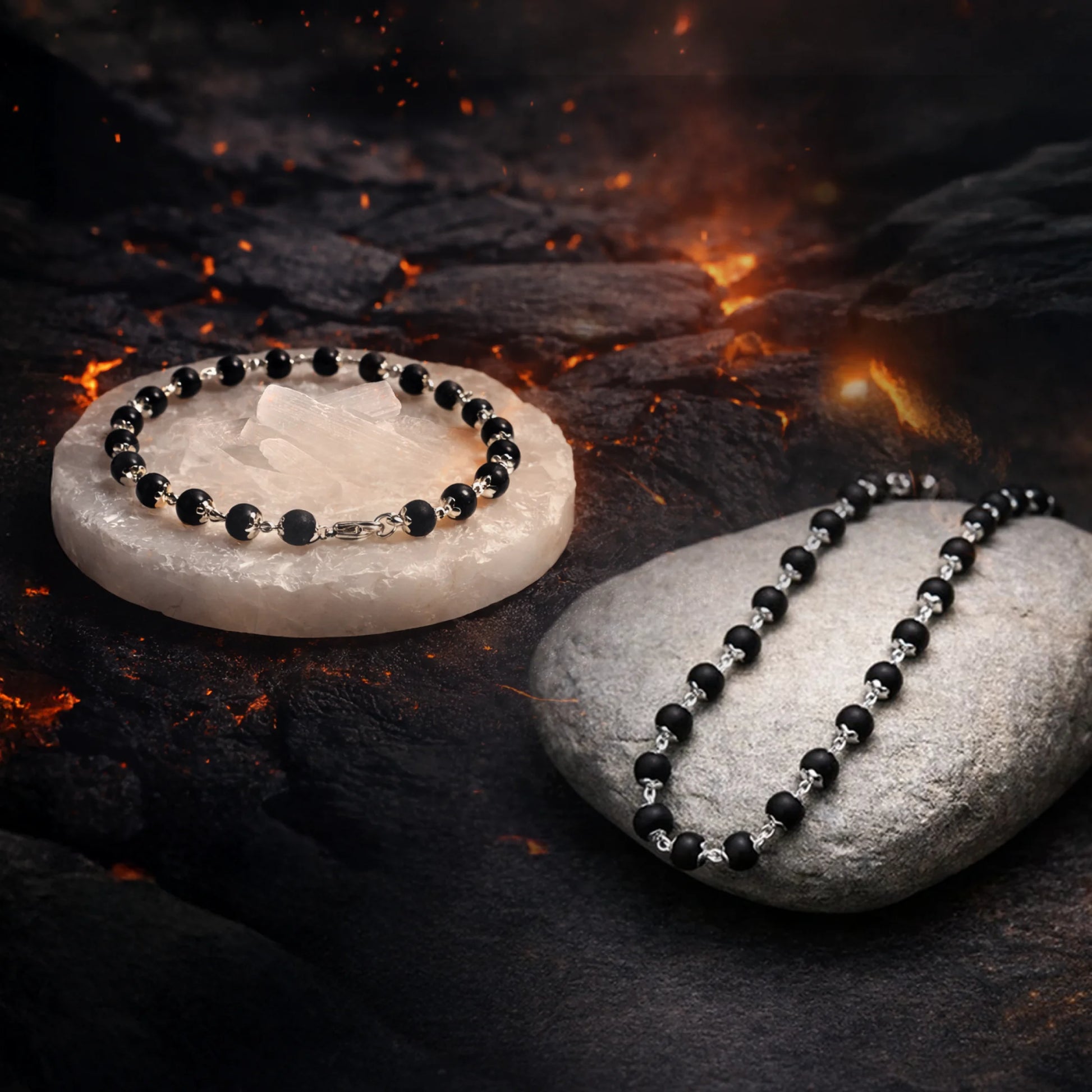 Authentic Silver Karungali (Ebony Wood) Mala + Bracelet Combo - Gemsinvite  