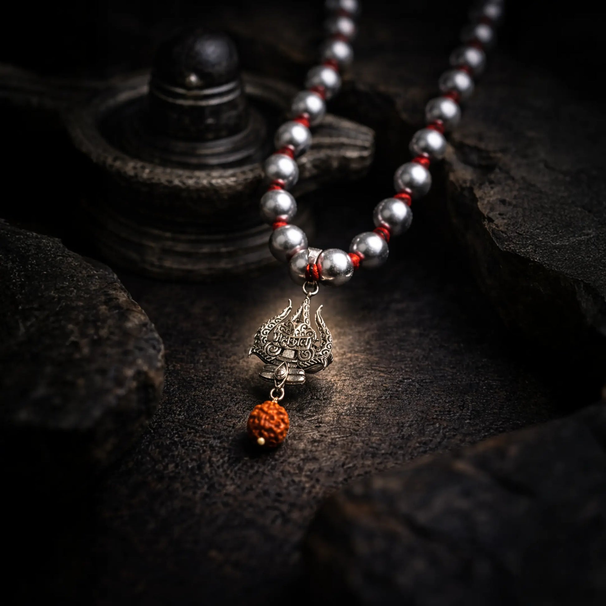 Mercury Beads Mala with Trishul and Rudraksha - Gemsinvite  