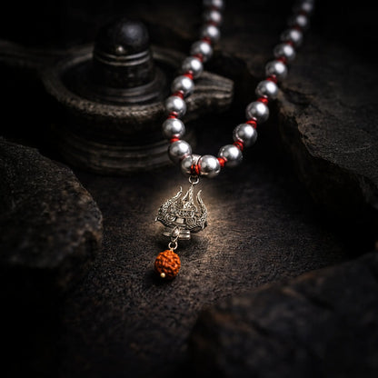 Mercury Beads Mala with Trishul and Rudraksha - Gemsinvite  