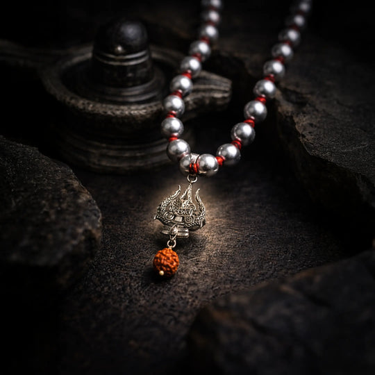 Mercury Beads Mala with Trishul and Rudraksha - Gemsinvite  