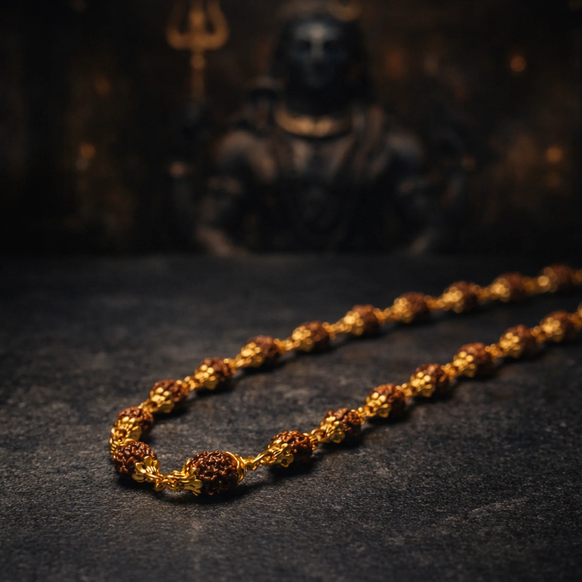 Golden Capped 5 Mukhi Rudraksha Mala - Gemsinvite  