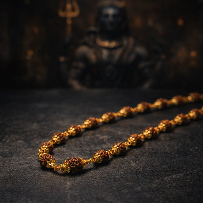 Golden Capped 5 Mukhi Rudraksha Mala - Gemsinvite  