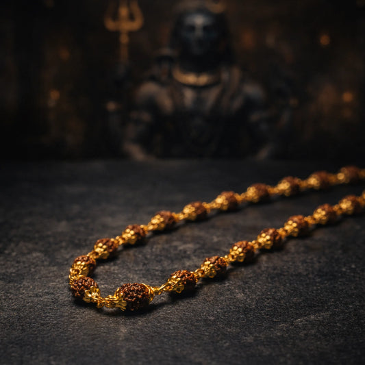 Golden Capped 5 Mukhi Rudraksha Mala - Gemsinvite  