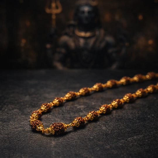Golden Capped 5 Mukhi Rudraksha Mala - Gemsinvite  