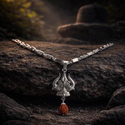 Stainless Steel Silver Pendant with Rudraksha and Trishul - Gemsinvite  