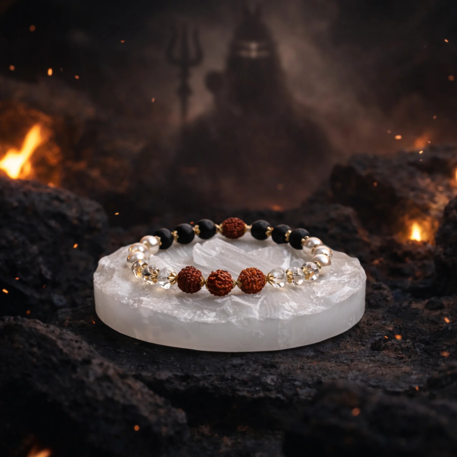 Victory Bracelet with 5 Mukhi Rudraksha Pearl Lava Sphatik - Gemsinvite  