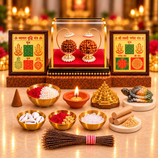 Pure Silver Chhatra Ganesh Lakshmi Rudraksh with Vyapar Vriddhi Yantra