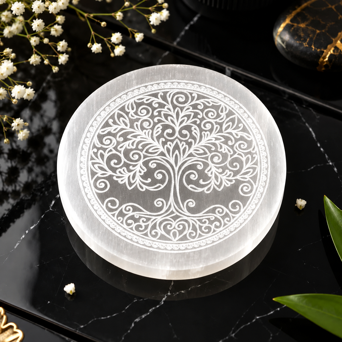 Tree of Life Selenite Meditation Plate