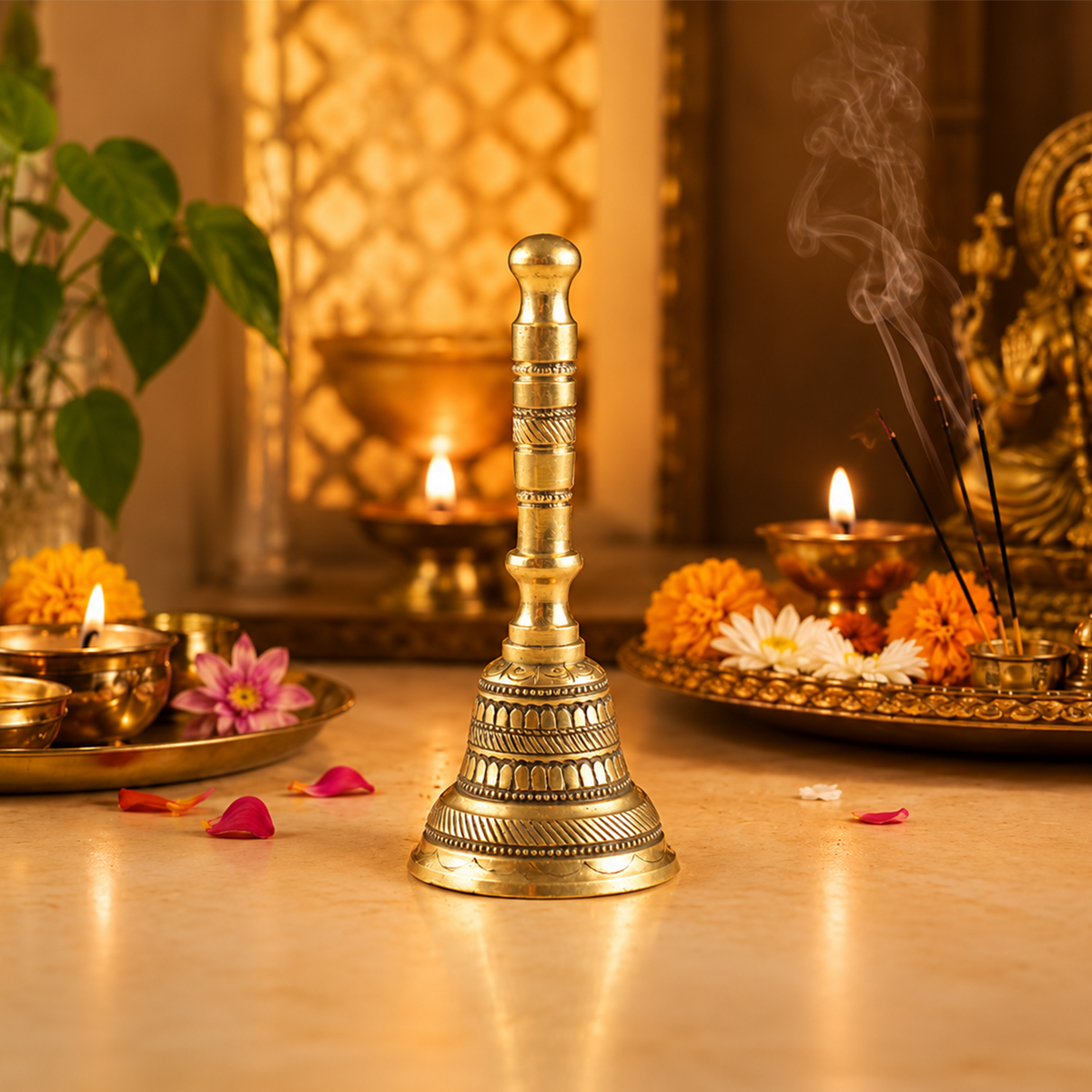 Brass Pooja Bell with Carved Base