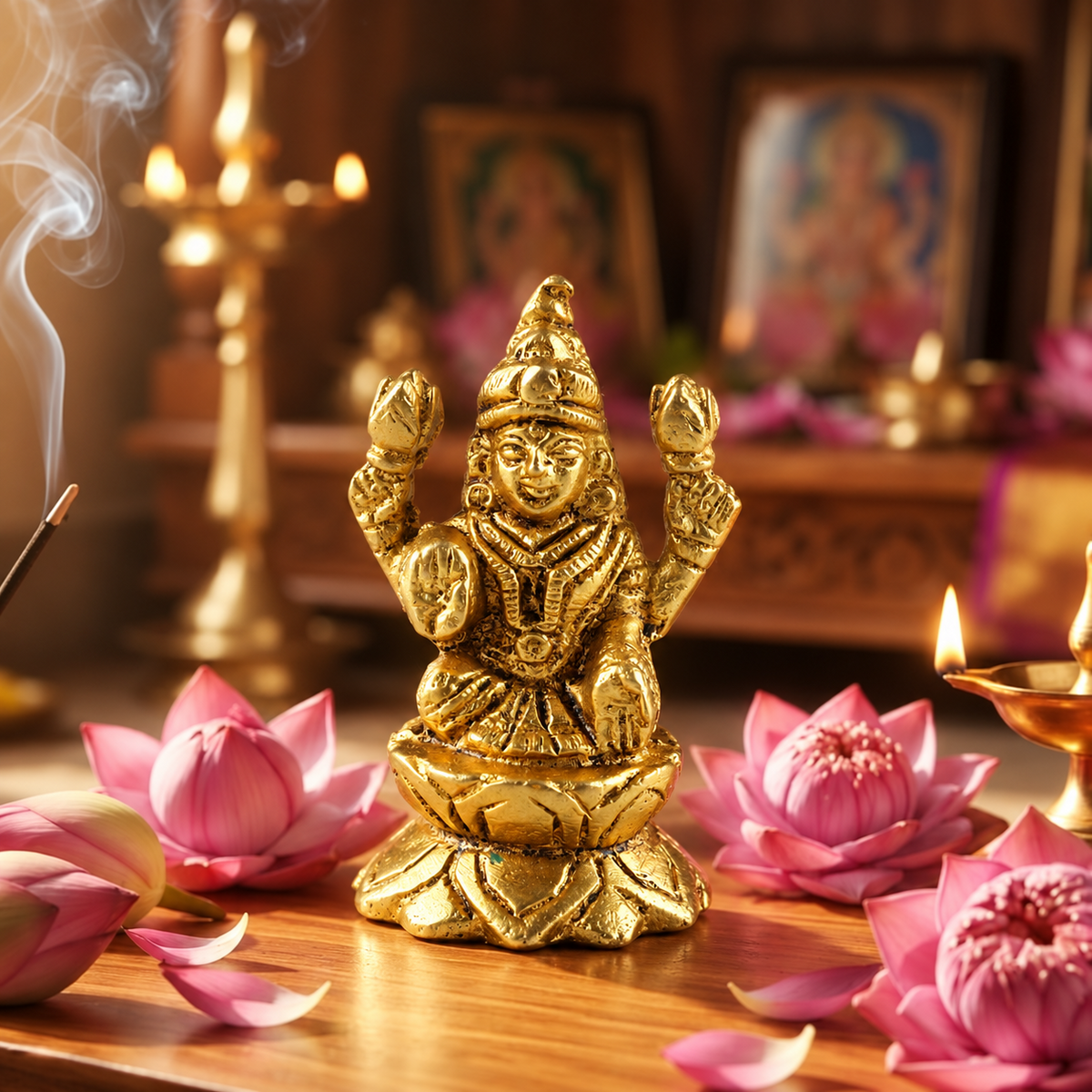 Small Brass Lakshmi Murti on Lotus