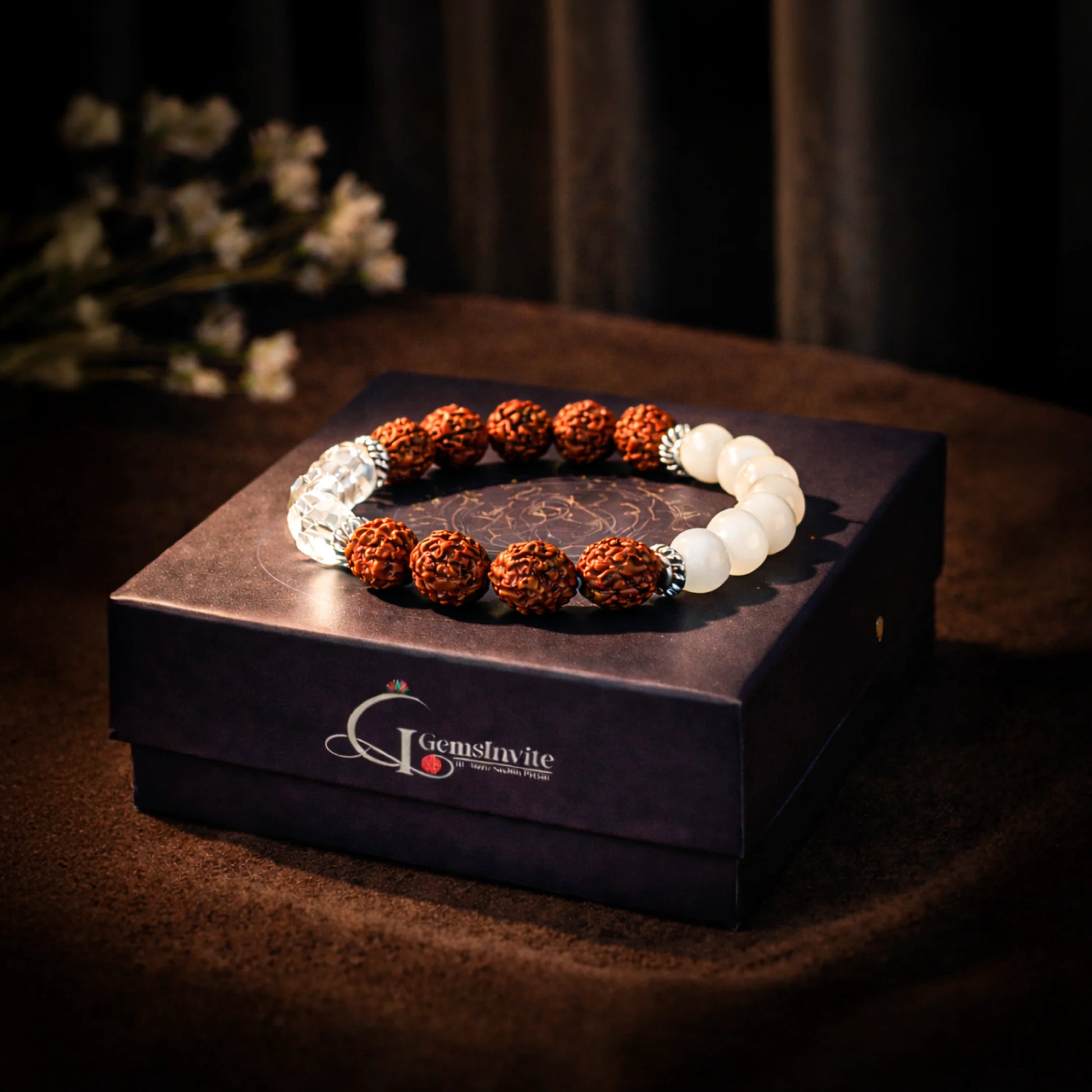 Shiv Ganga Authentic 5 Mukhi Rudraksha Moonstone Sphatik Bracelet - Gemsinvite  