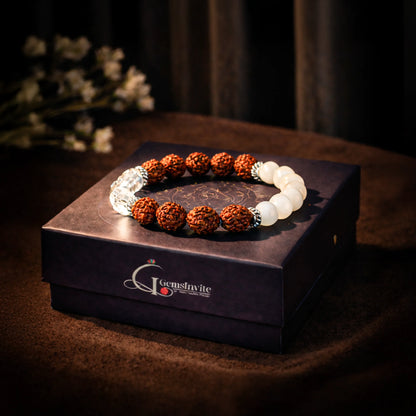 Shiv Ganga Authentic 5 Mukhi Rudraksha Moonstone Sphatik Bracelet - Gemsinvite  