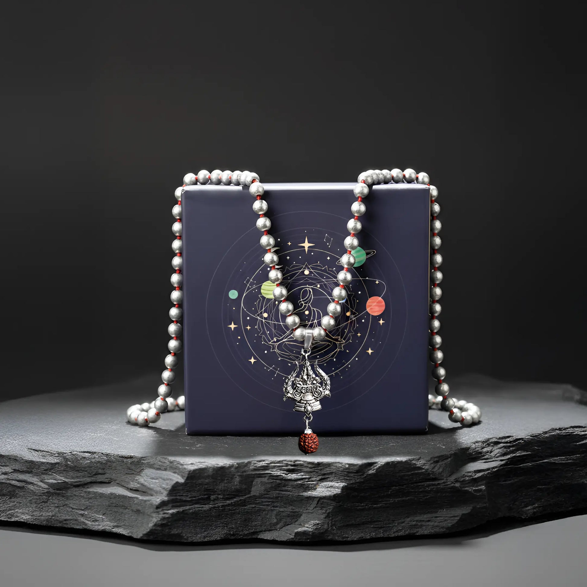Mercury Beads Mala with Trishul and Rudraksha - Gemsinvite  