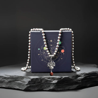 Mercury Beads Mala with Trishul and Rudraksha - Gemsinvite  