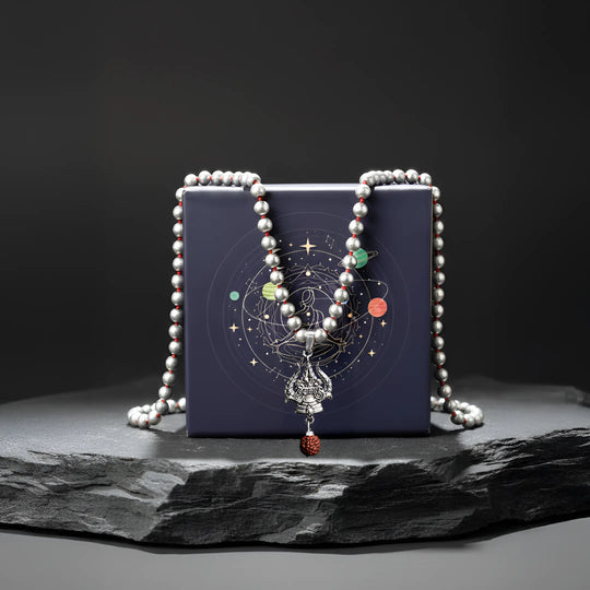 Mercury Beads Mala with Trishul and Rudraksha - Gemsinvite  