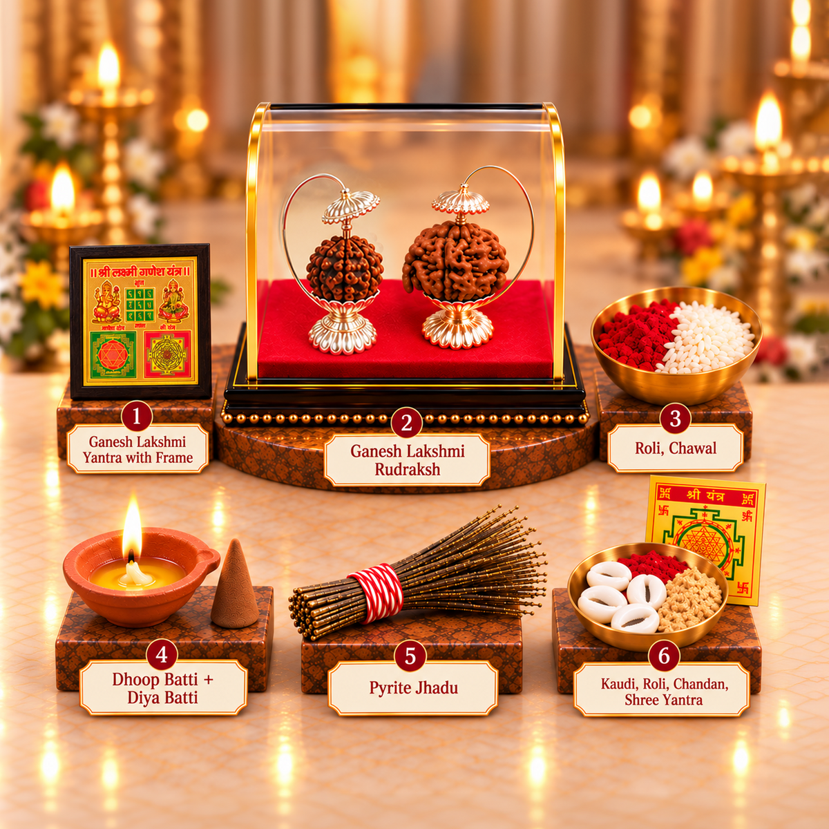 Pure Silver Chhatra Ganesh Lakshmi Rudraksh with 6 Sacred Pooja Items
