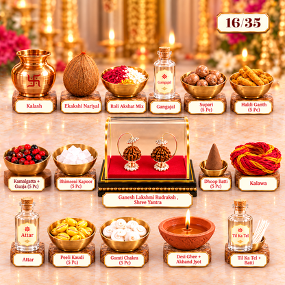 Pure Silver Chhatra Ganesh Lakshmi Rudraksh with 31 Sacred Puja Items