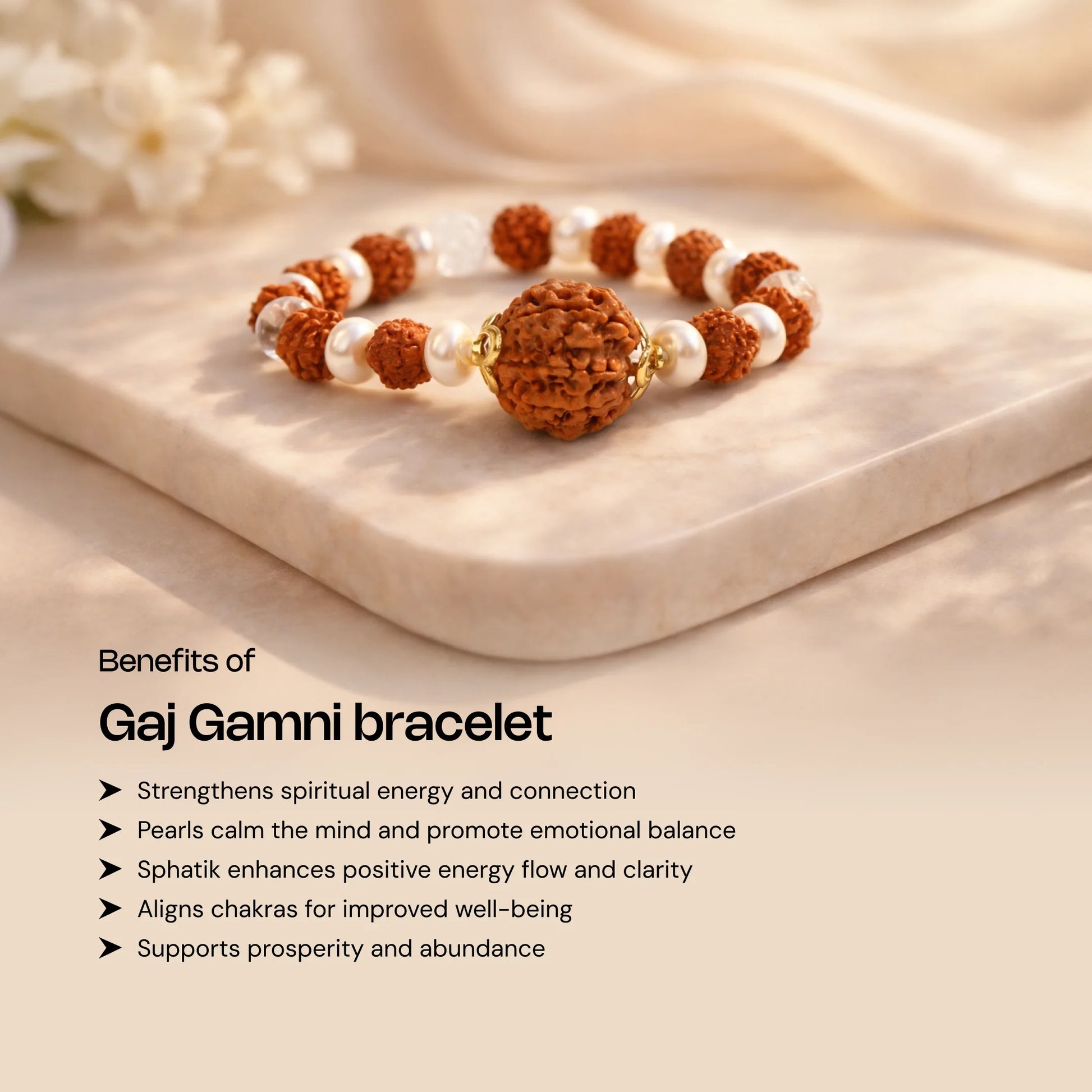 5 Mukhi Rudraksha Gaj Kesari Bracelet with Pearl and Sphatik - Gemsinvite  