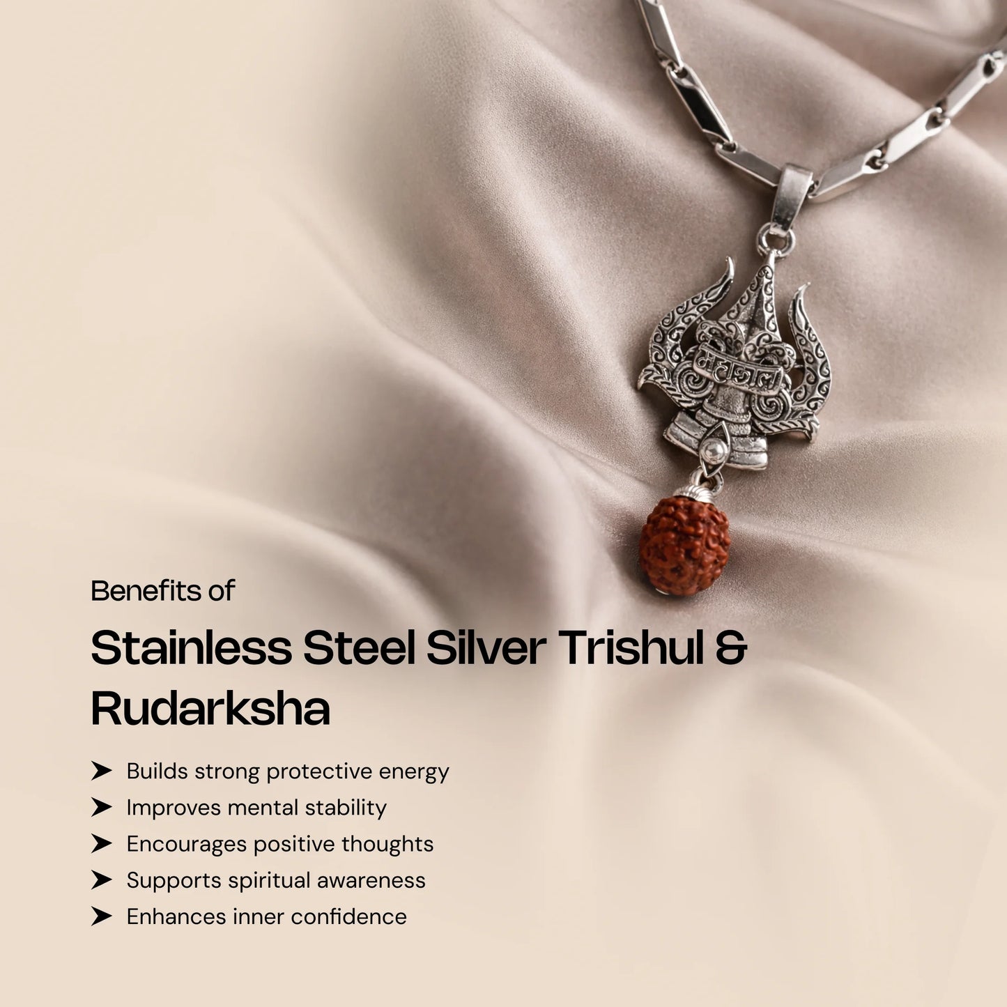 Stainless Steel Silver Pendant with Rudraksha and Trishul - Gemsinvite  