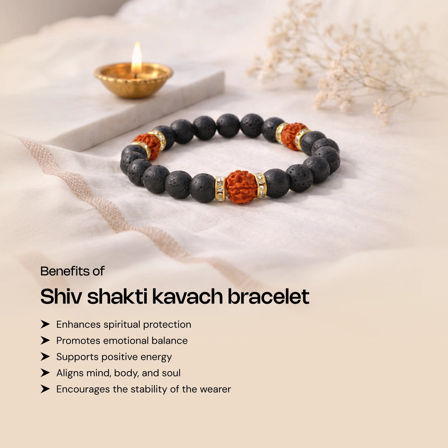 Shiv Shakti Kavach Bracelet Authentic 5 Mukhi Rudraksha & Lava beads - Gemsinvite  