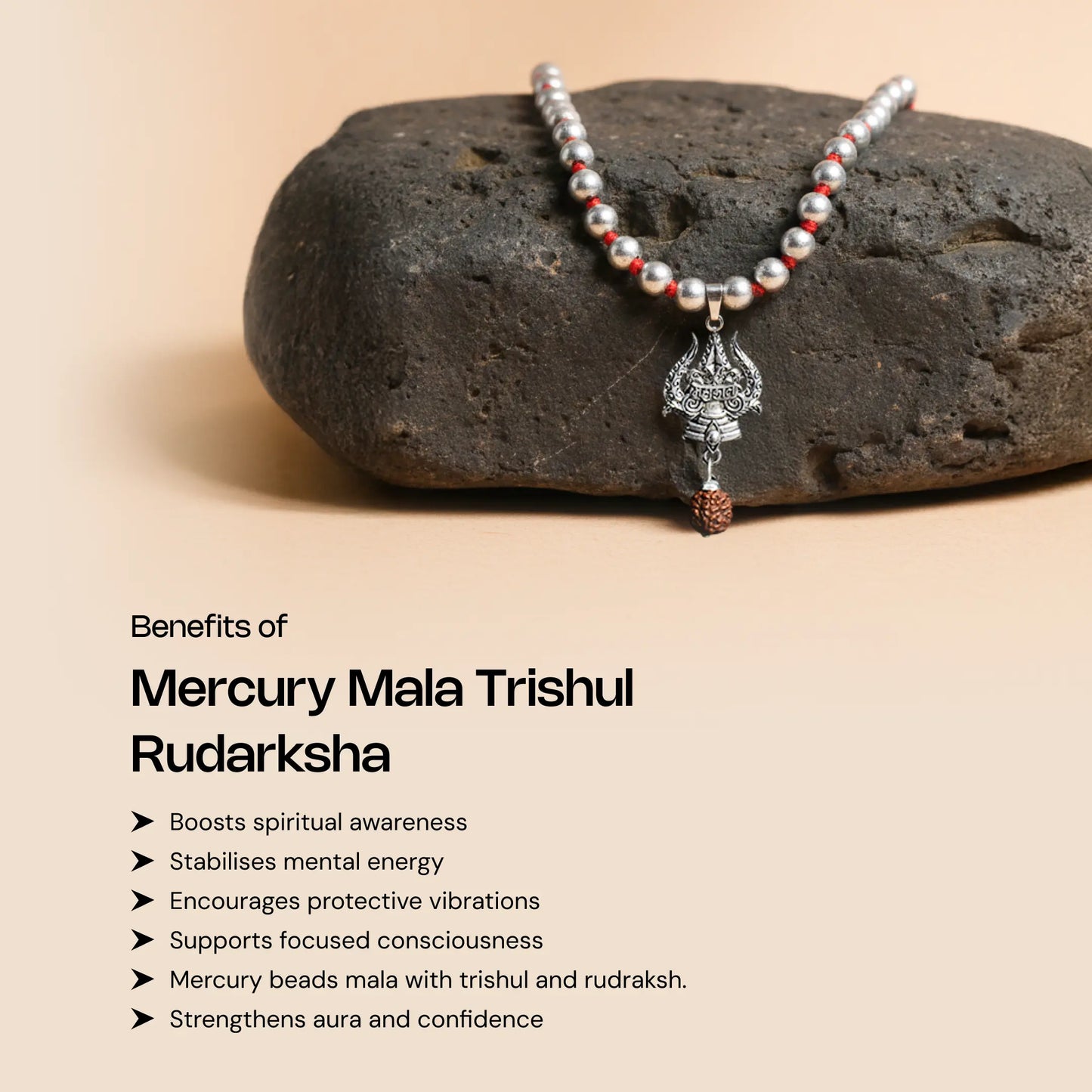 Mercury Beads Mala with Trishul and Rudraksha - Gemsinvite  