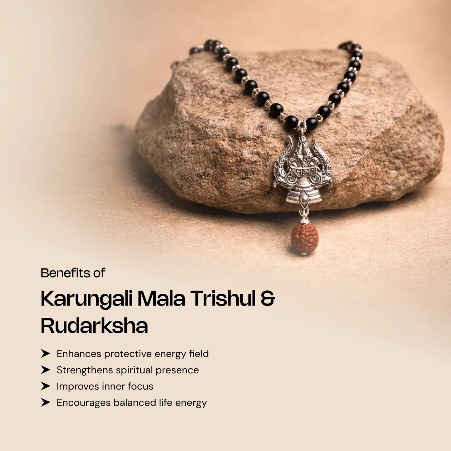 Authentic Silver Karungali Mala with Trishul and Rudraksha - Gemsinvite  