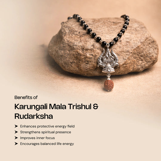 Authentic Silver Karungali Mala with Trishul and Rudraksha - Gemsinvite  