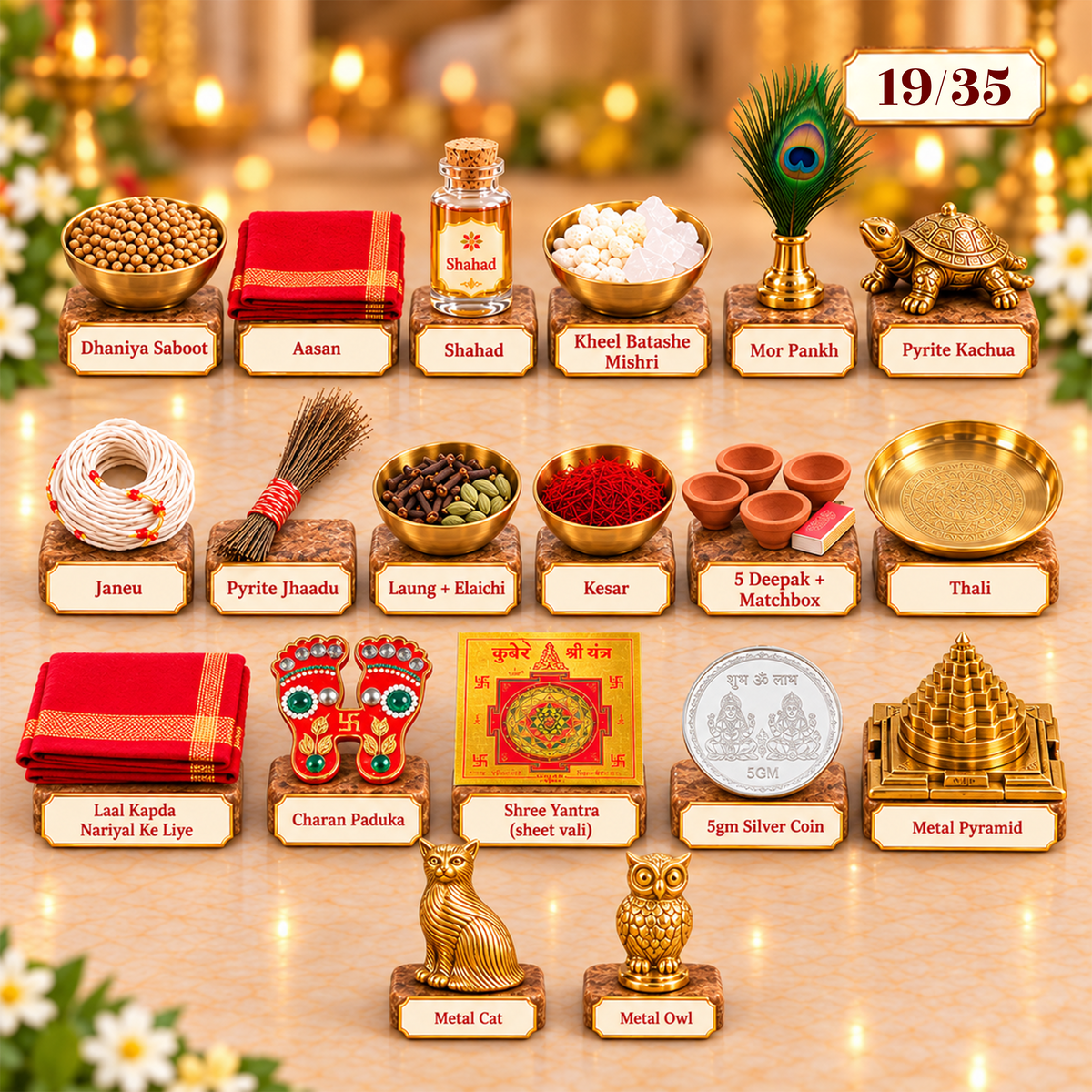 Pure Silver Chhatra Ganesh Lakshmi Rudraksh with 31 Sacred Puja Items