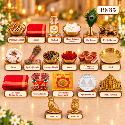 Pure Silver Chhatra Ganesh Lakshmi Rudraksh with 31 Sacred Puja Items