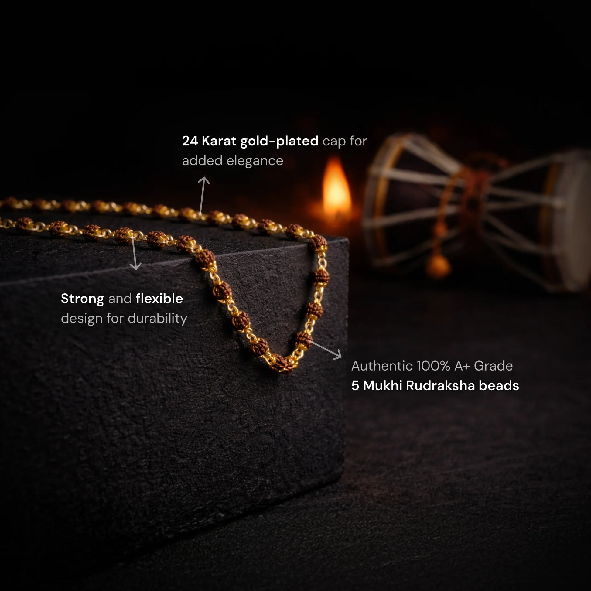Golden Capped 5 Mukhi Rudraksha Mala - Gemsinvite  