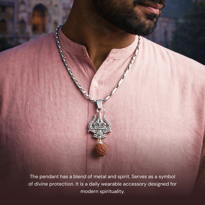 Stainless Steel Silver Pendant with Rudraksha and Trishul - Gemsinvite  