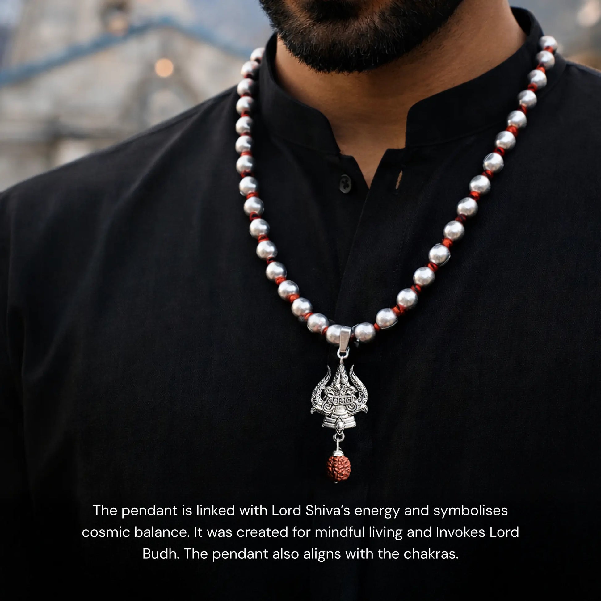 Mercury Beads Mala with Trishul and Rudraksha - Gemsinvite  
