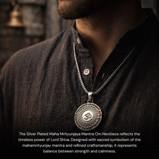 Silver Plated Maha Mrityunjaya Mantra Om Necklace - Gemsinvite  