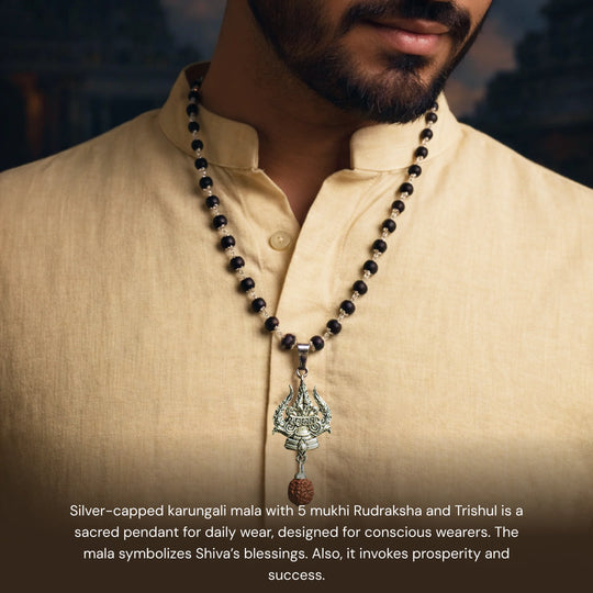 Authentic Silver Karungali Mala with Trishul and Rudraksha - Gemsinvite  