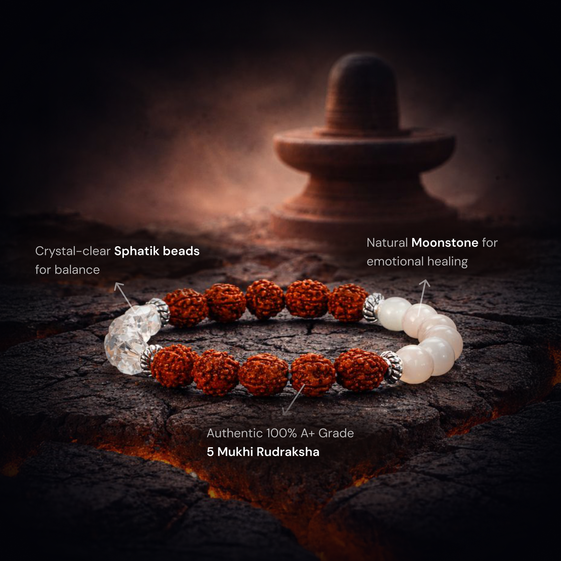 Shiv Ganga Authentic 5 Mukhi Rudraksha Moonstone Sphatik Bracelet - Gemsinvite  