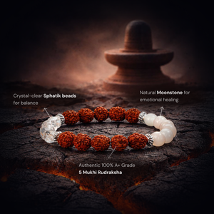 
                    
                      Shiv Ganga Authentic 5 Mukhi Rudraksha Moonstone Sphatik Bracelet - Gemsinvite  
                    
                  