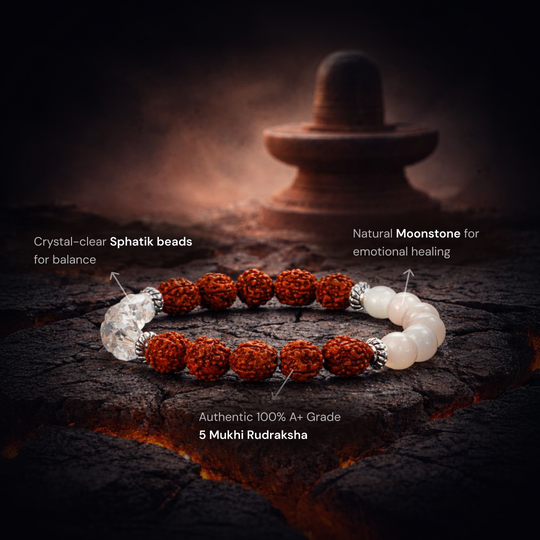 Shiv Ganga Authentic 5 Mukhi Rudraksha Moonstone Sphatik Bracelet - Gemsinvite  