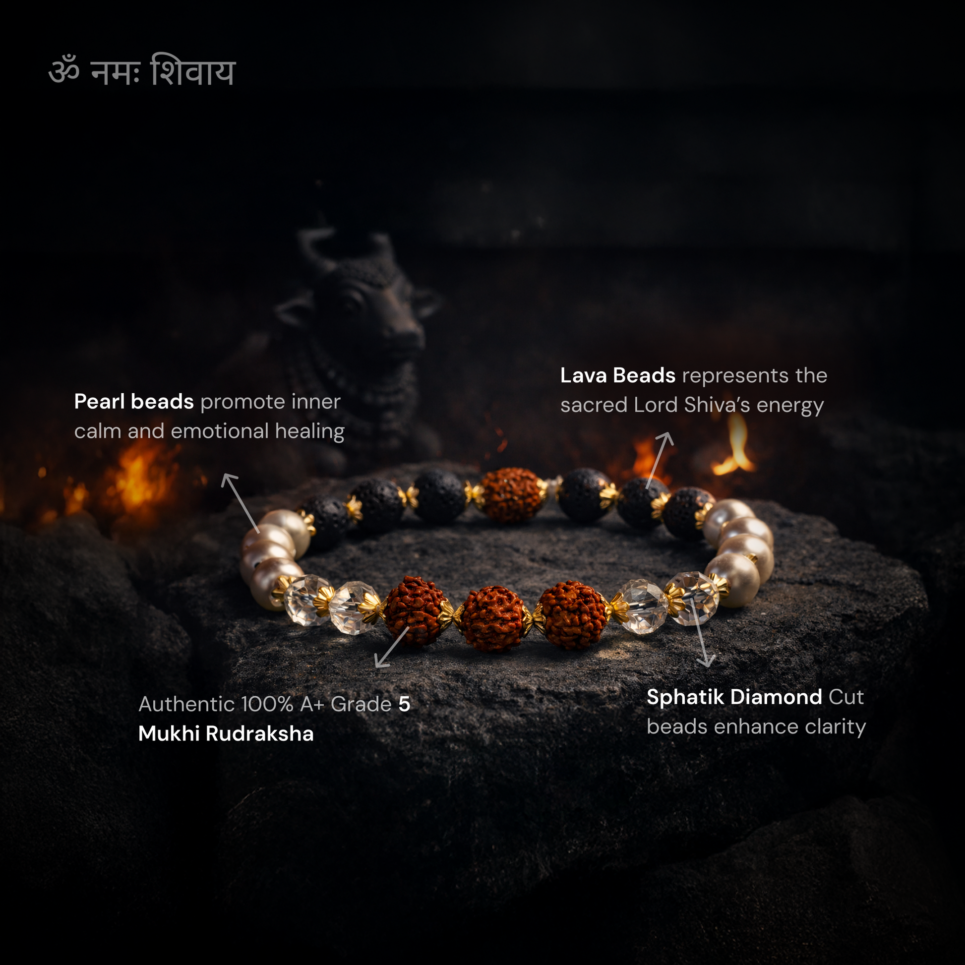 Victory Bracelet with 5 Mukhi Rudraksha Pearl Lava Sphatik - Gemsinvite  