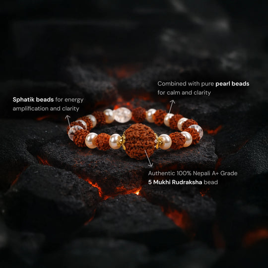 5 Mukhi Rudraksha Gaj Kesari Bracelet with Pearl and Sphatik - Gemsinvite  