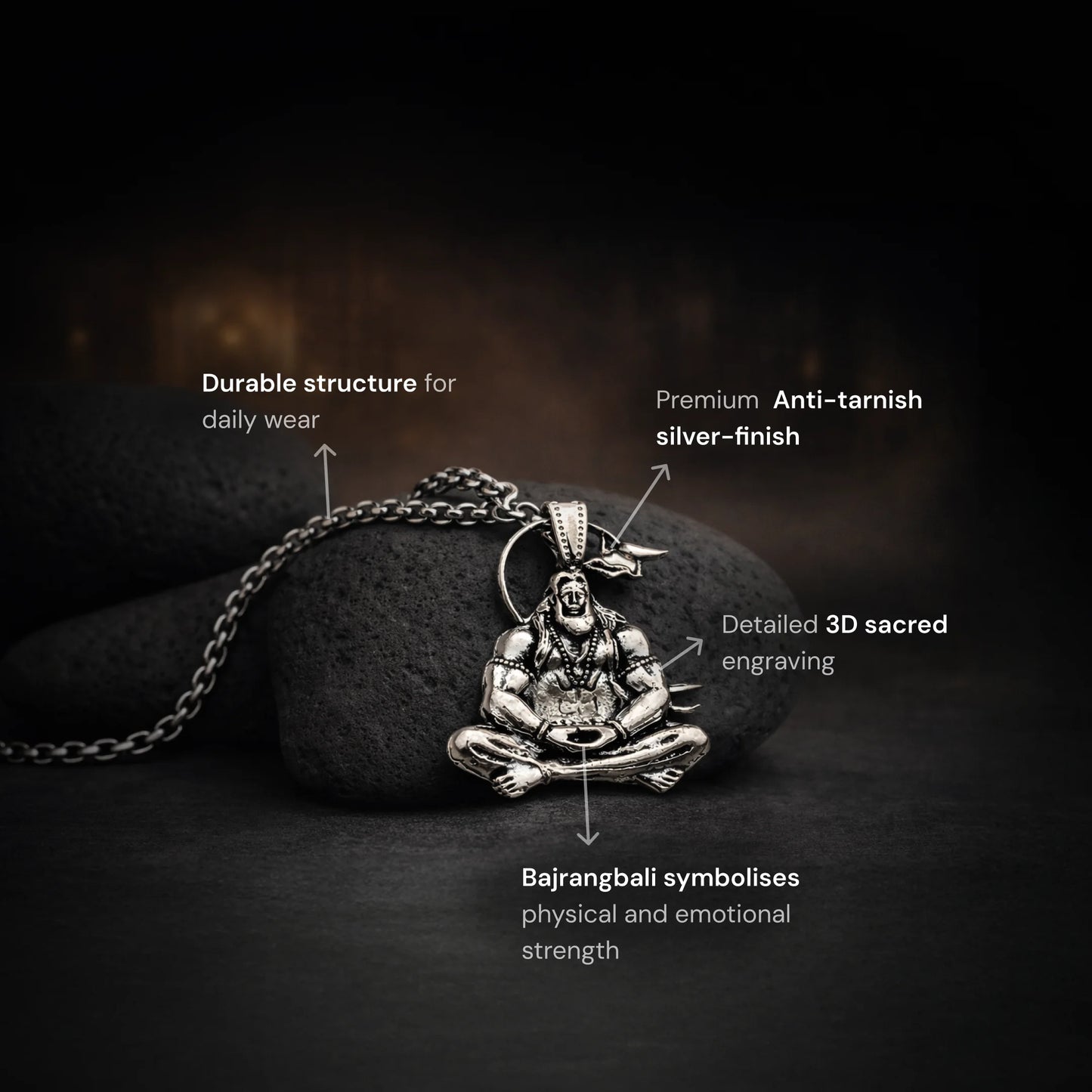 Silver Plated 3D Bajrangbali Hanuman Meditation Necklace - Gemsinvite  
