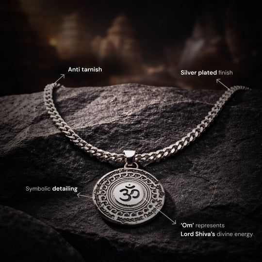 Silver Plated Maha Mrityunjaya Mantra Om Necklace - Gemsinvite  