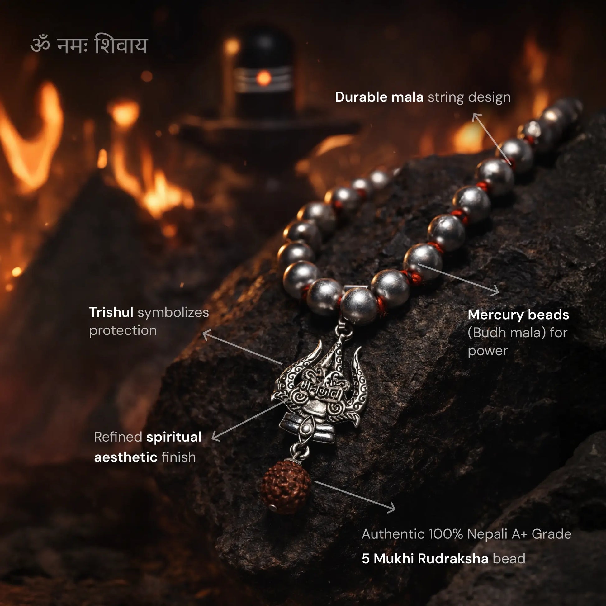 Mercury Beads Mala with Trishul and Rudraksha - Gemsinvite  
