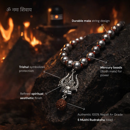 Mercury Beads Mala with Trishul and Rudraksha - Gemsinvite  