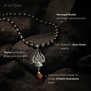 
                    
                      Authentic Silver Karungali Mala with Trishul and Rudraksha - Gemsinvite  
                    
                  